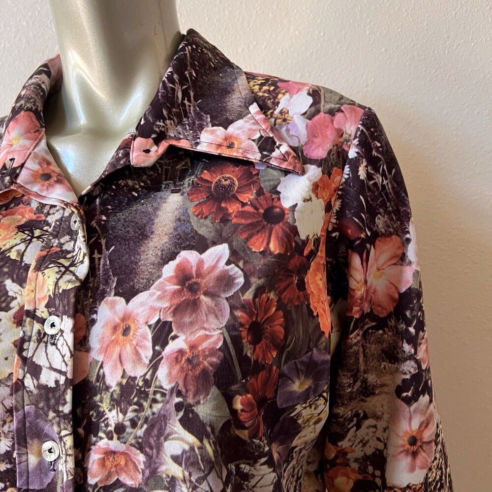 Vintage Floral Photo Print Blouse Shirt Large Button Up Top Autumn Boho 70s - Picture 6 of 13